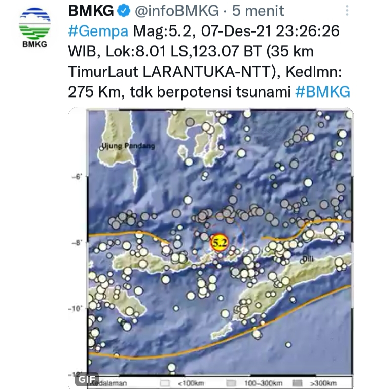 Gempa Magnitudo 5,2 Guncang Larantuka-NTT, Tak Berpotensi Tsunami 
