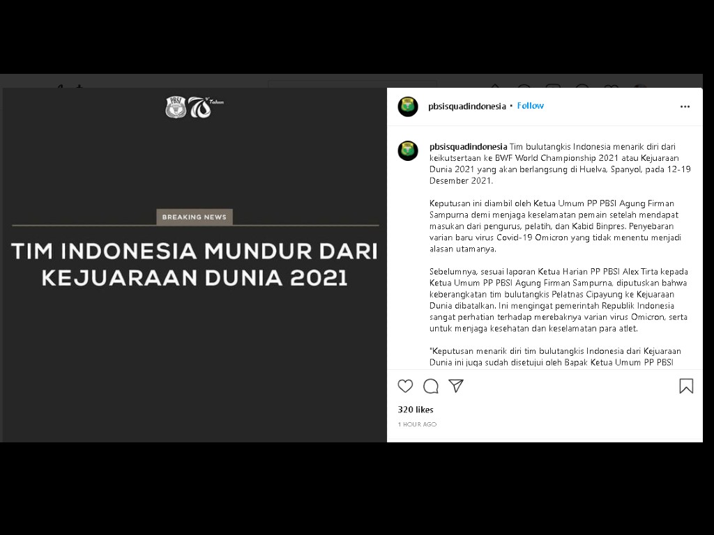 Indonesia Mundur dari Kejuaraan Dunia Bulutangkis 2021