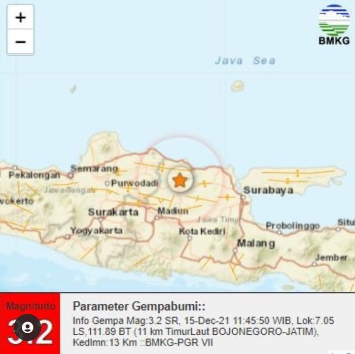  Gempa Bumi Magnitudo 3,2 Guncang Bojonegoro Jawa Timur