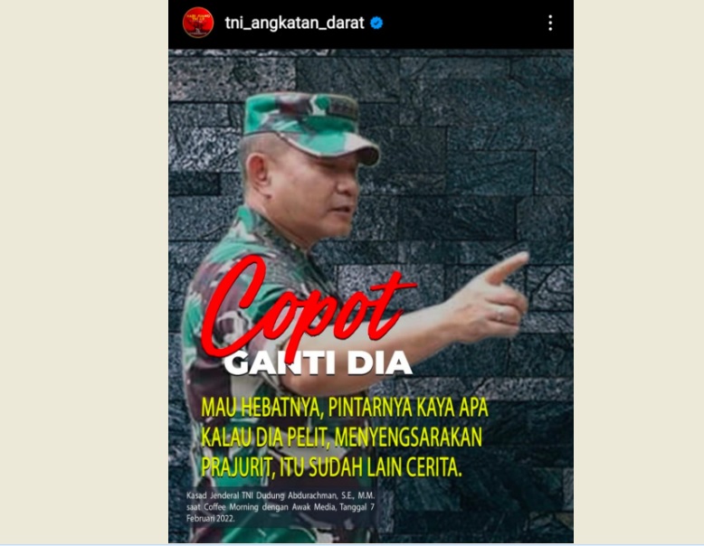 Ini Alasan TNI AD Unggah Meme Dudung Copot Komandan Pelit dan Sengsarakan Prajurit