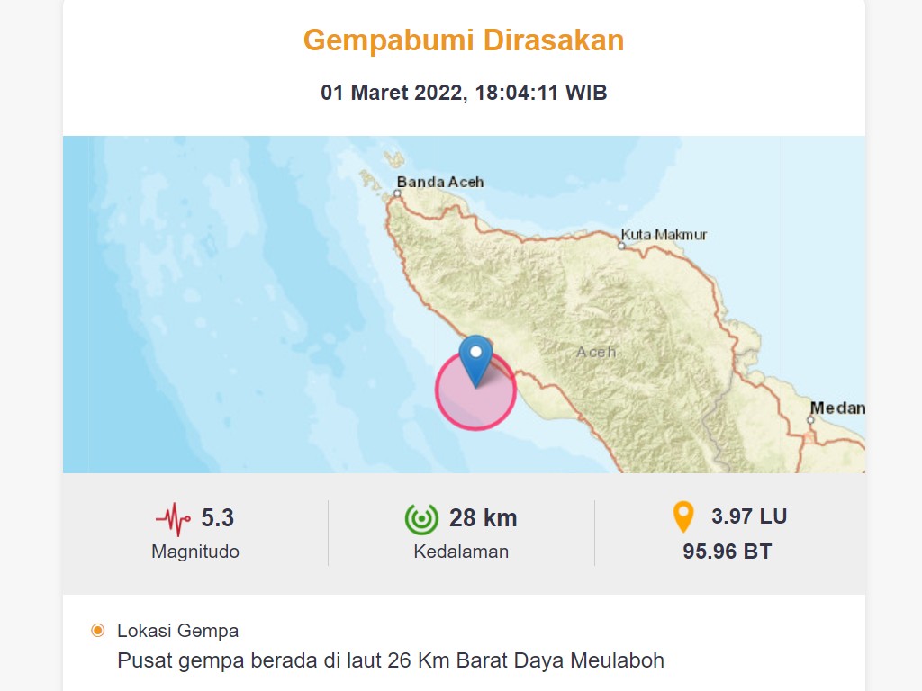 Gempa Bumi 5.3 Magnitudo Guncang Meulaboh, Aceh
