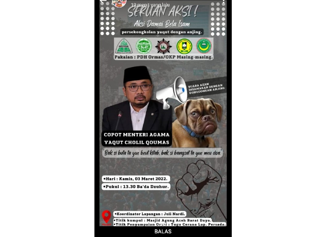 Aksi Bela Islam Copot Menag Yaqut Digelar Kamis Besok di Abdya Aceh