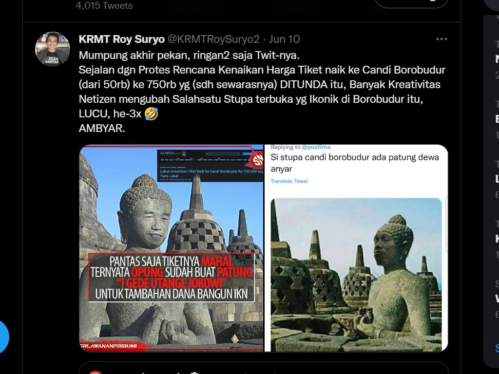 Roy Suryo Hapus Postingan Stupa Candi Borobudur Mirip Jokowi