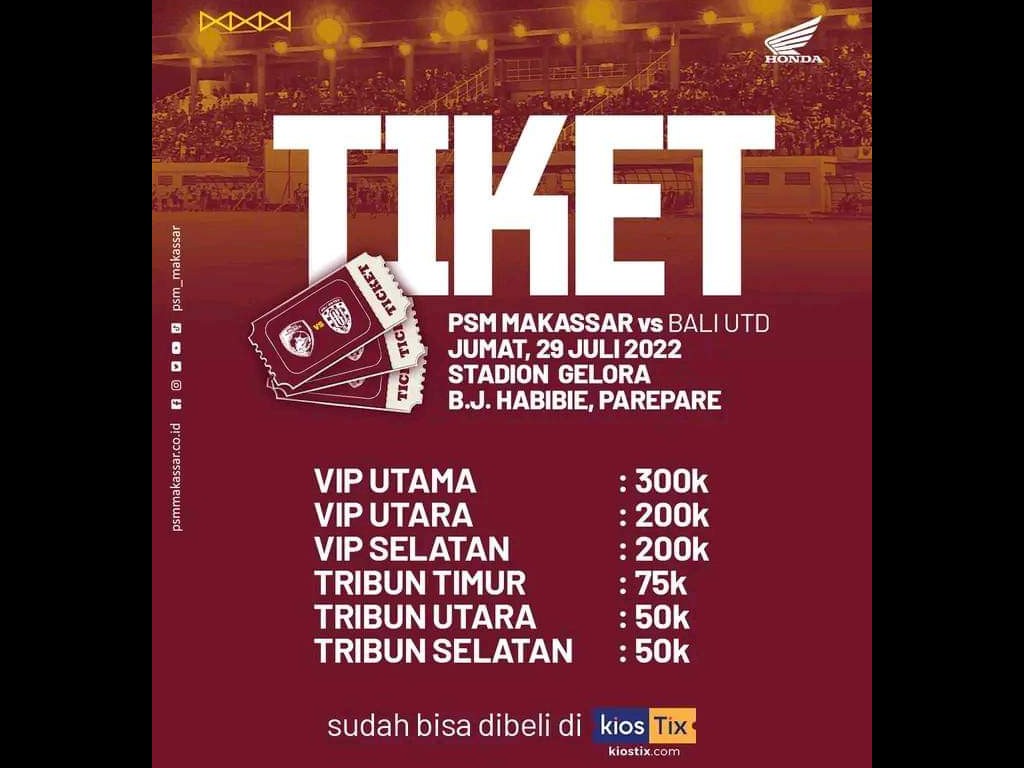 Tiket PSM vs Bali Utd Sudah Bisa Dibeli di Kiostix.com, Ini Daftar Harganya