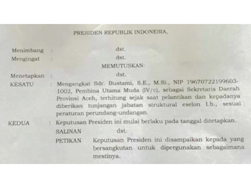 Beredar Salinan Keputusan Presiden Beri Jabatan Sekda Aceh ke Bustami Ganti Taqwallah