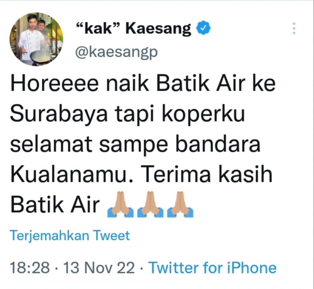 Kaesang Curhat di Twitter, Naik Batik Air ke Surabaya, Kopernya Malah Nyasar di Kualanamu