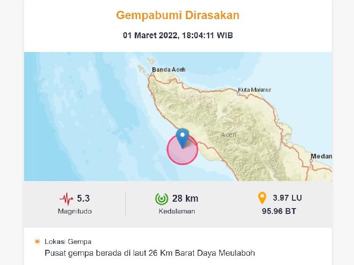 Gempa Bumi 5.3 Magnitudo Guncang Meulaboh, Aceh