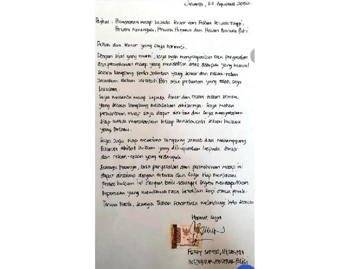 Isi Surat Ferdy Sambo, Siap Menanggung Seluruh Akibat Hukum Kasus Brigadir J