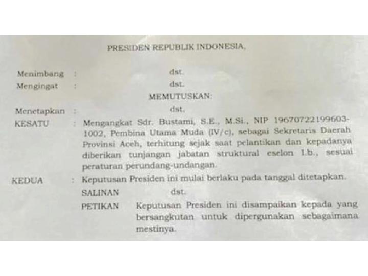 Beredar Salinan Keputusan Presiden Beri Jabatan Sekda Aceh ke Bustami Ganti Taqwallah