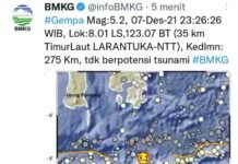 Gempa Magnitudo 5,2 Guncang Larantuka-NTT, Tak Berpotensi Tsunami