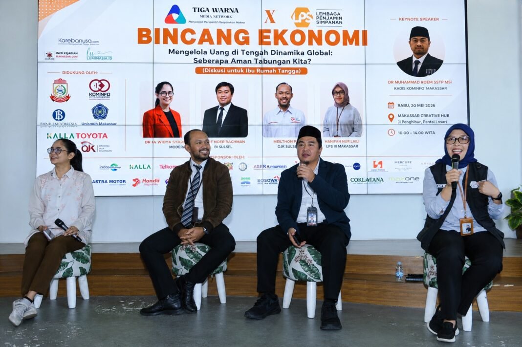 Tiga Warna Media Network Gelar Forum Edukatif Kelola Uang di Tengah Dinamika Global Bincang Ekonomi: Mengelola Uang di Tengah Dinamika Global, Seberapa Aman Tabungan Kita?” di Makassar Creative Hub, Pantai Losari, Rabu (20/5/2026).