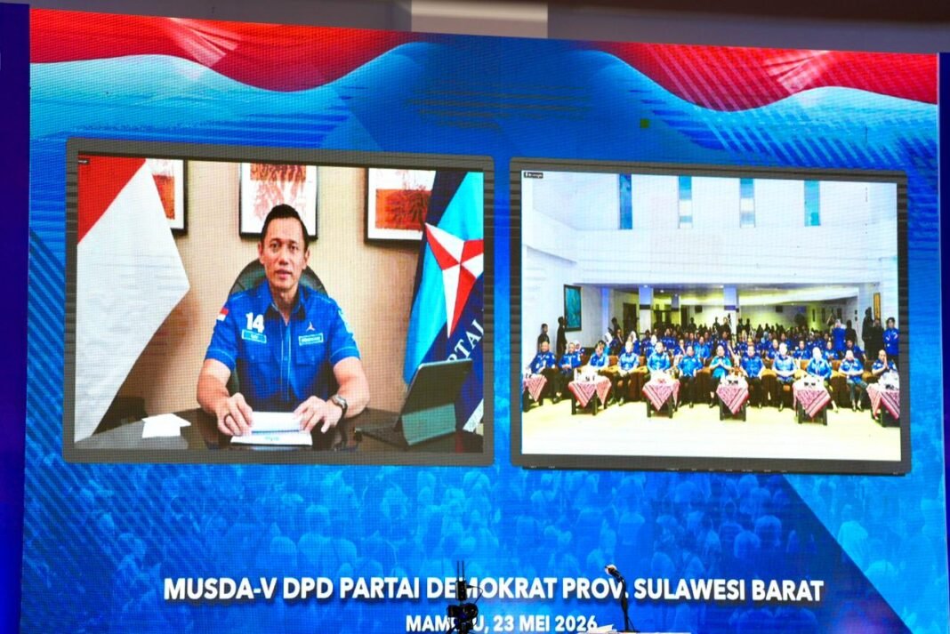 Ketua Umum DPP Partai Demokrat, AHY, saat menyampaikan arahannya Musda V DPD Demokrat Sulbar melalui telekonferensi