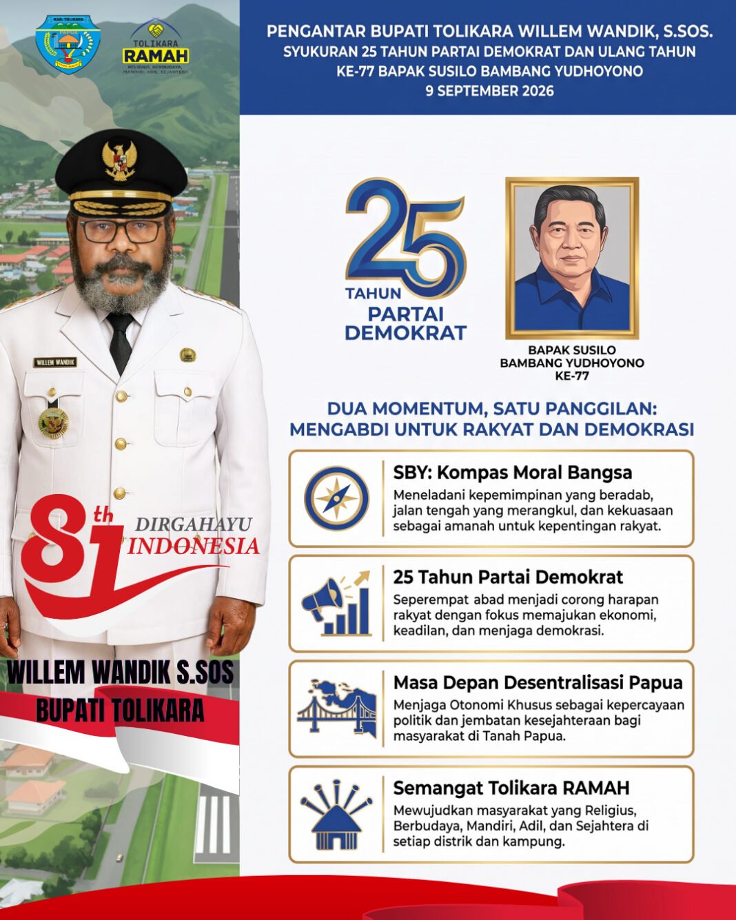 Pengantar Bupati Tolikara WILLEM WANDIK, S.Sos. Syukuran 25 Tahun Partai Demokrat dan Ulang Tahun ke-77 Presiden RI ke-6 Bapak SBY Willem Wandik