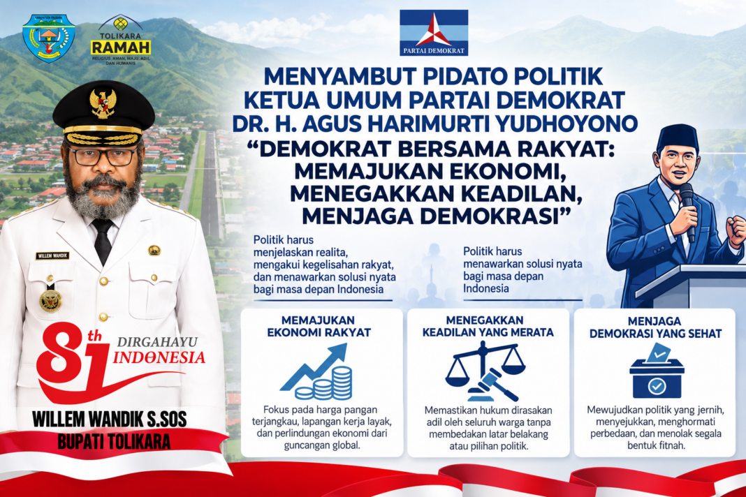 Menyambut Pidato Politik Ketua Umum Partai Demokrat Dr. H. Agus Harimurti Yudhoyono “Demokrat Bersama Rakyat: Memajukan Ekonomi, Menegakkan Keadilan, Menjaga Demokrasi” willem wandik