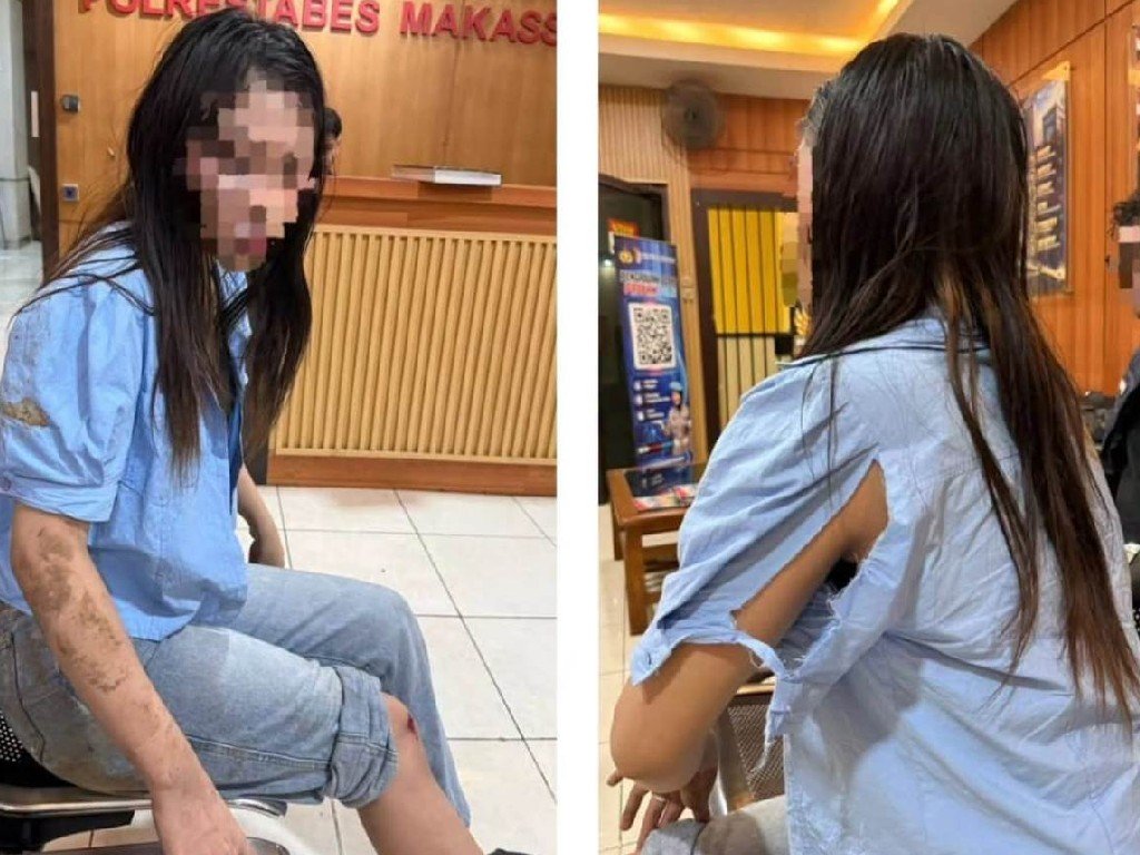 Korban saat melaporkan kejadian yang dialaminya ke Polrestabes Makassar. (Foto: Dok. Polisi)